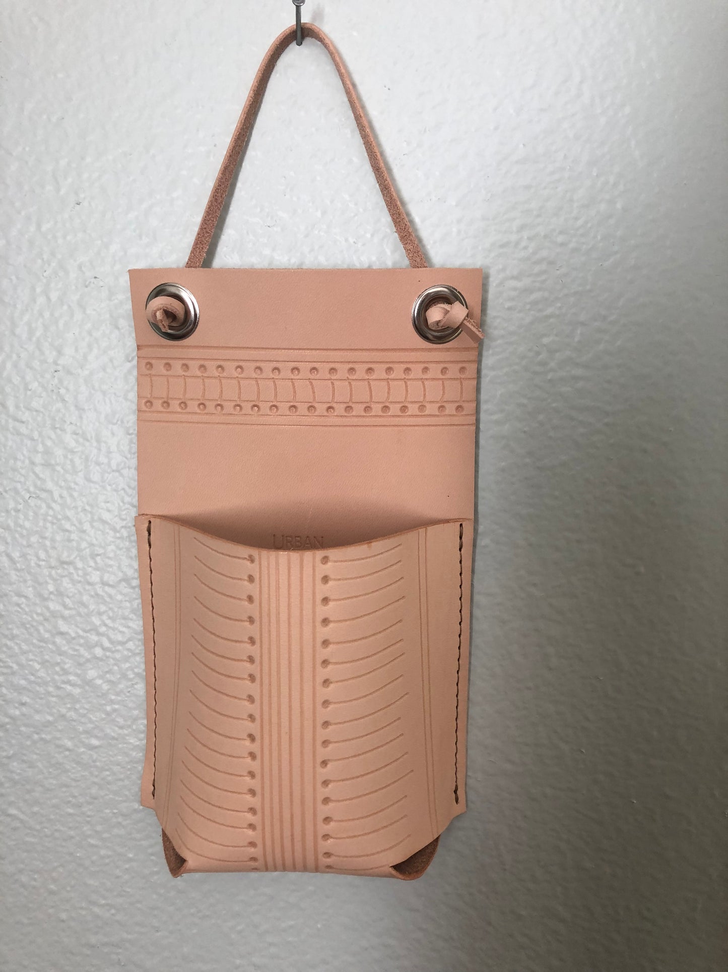Patterned Leather Wall Pocket | Hanging Leather Wall Caddy | Hanging Storage