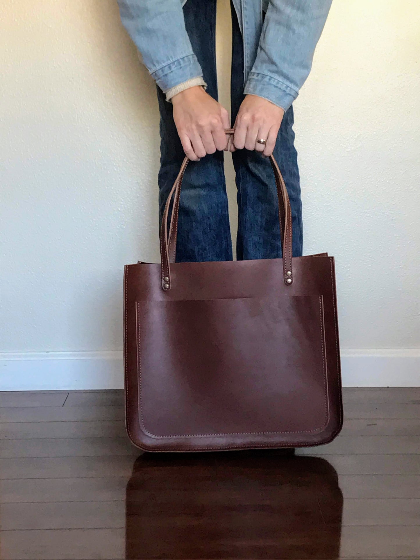 Structured Leather Tote | Large Tote Bag | Leather Tote With Pocket