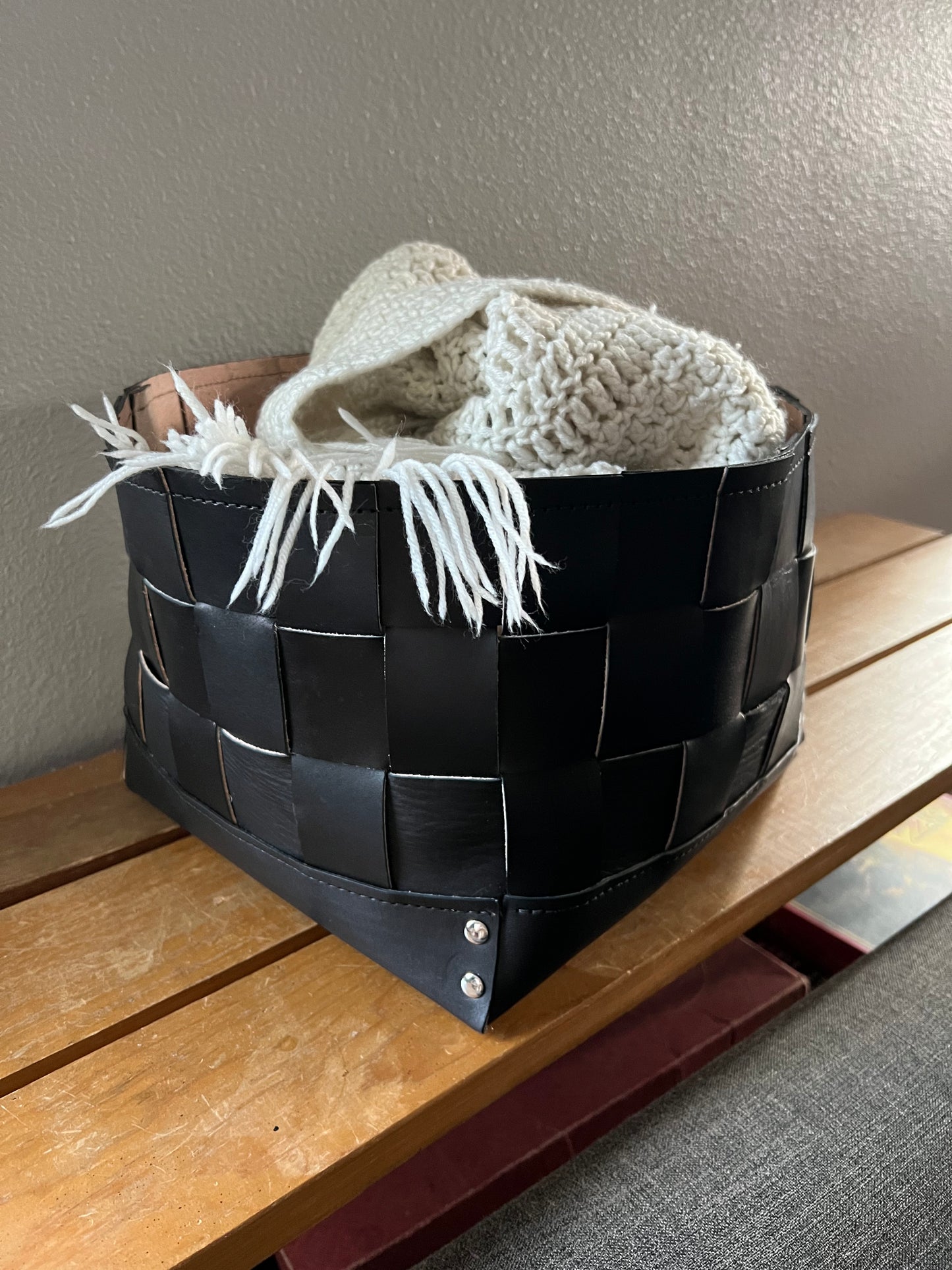 Woven Leather Storage Bin | Black Leather Basket | Decorative Storage Container