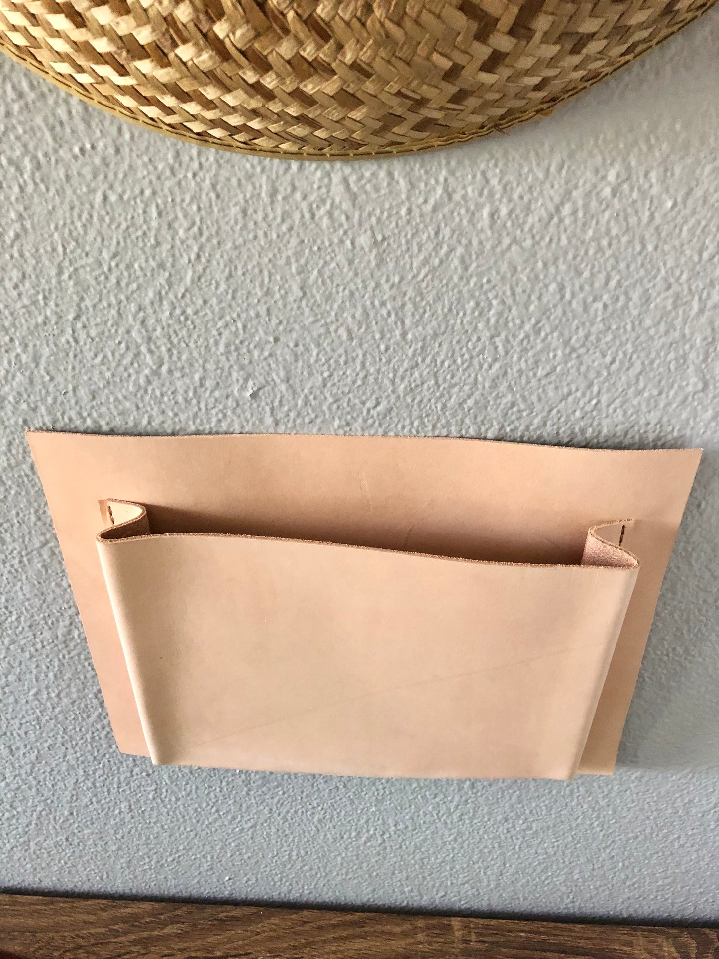 Handcrafted Nude Leather Wall Pocket | Hanging Storage | Leather Magazine Holder | Mail Organizer