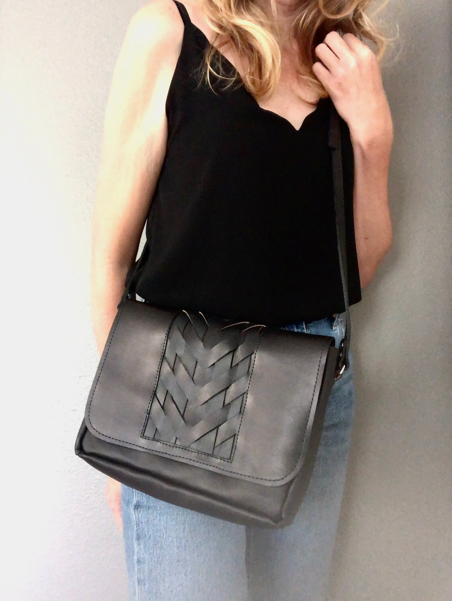 Black Woven Crossbody Bag | Black Leather Crossbody | Medium Black Bag