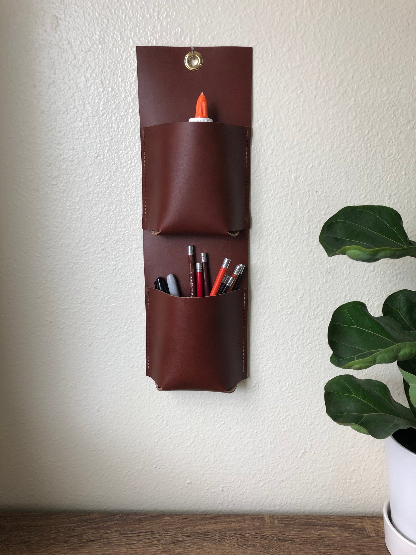Leather Desk Organizer | Hanging Storage | Dog Leash/Bag Storage | Pen or Pencil Holder | Two Pocket Leather Caddy