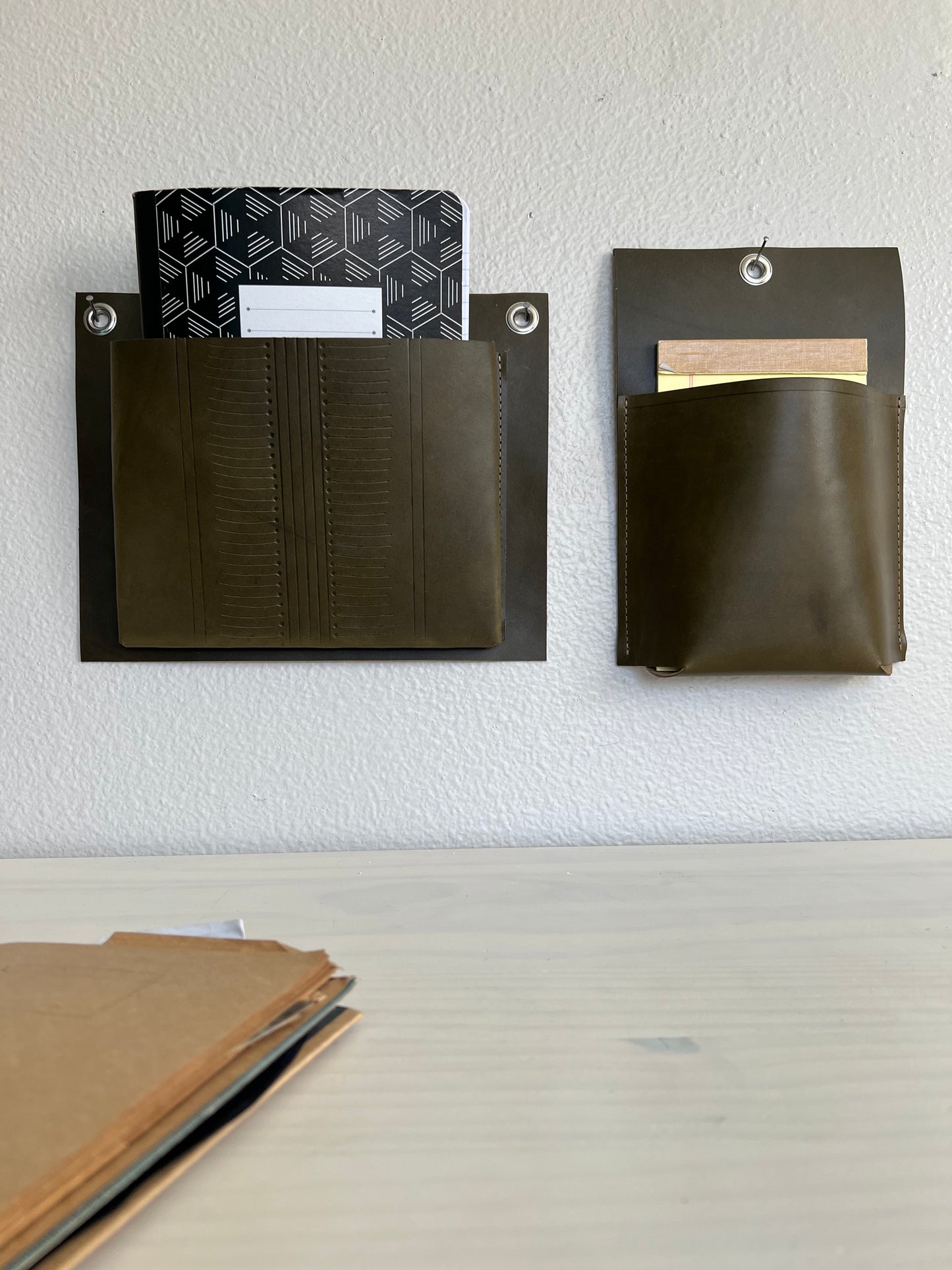 Leather Office Organizer | Leather Desk Set | Hanging Wall Pockets | Green Leather Wall Pockets | Home Gift