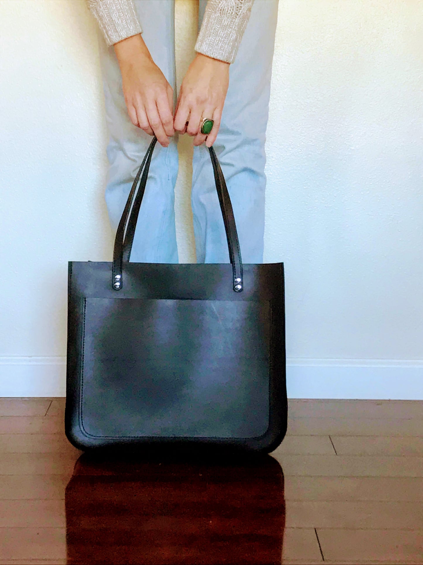 Structured Leather Tote | Large Tote Bag | Leather Tote With Pocket