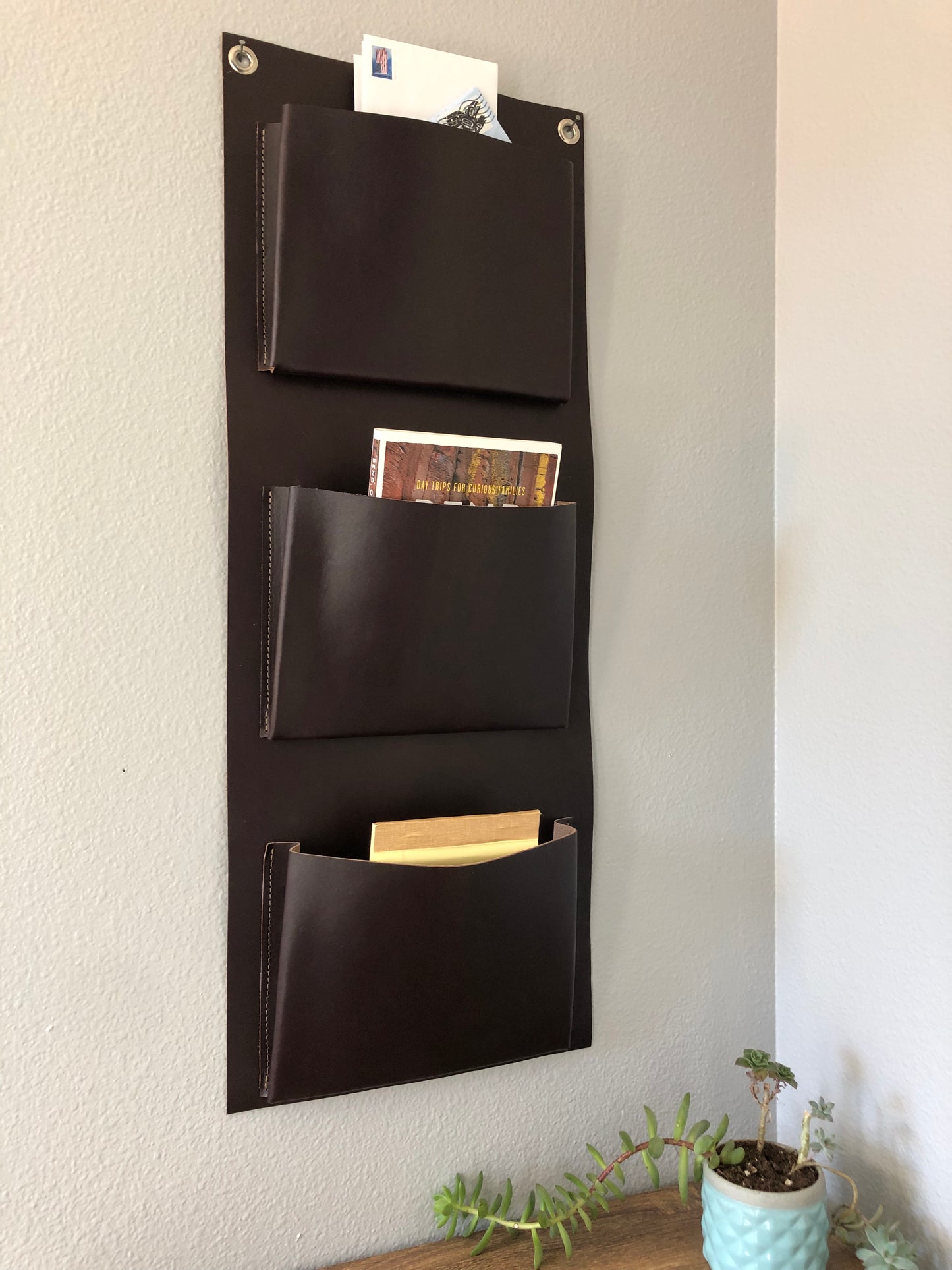 Leather Wall Organizer | Hanging Storage Pockets | Vertical Organizer for Scarves, Mail, or Shoes