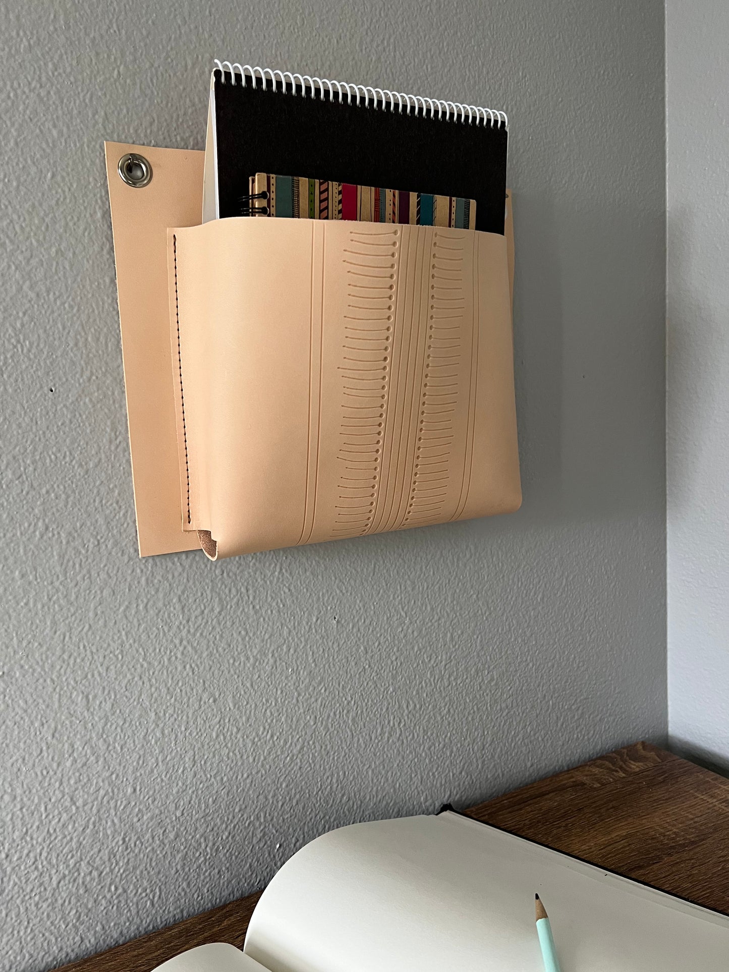 Extra Large Patterned Leather Wall Pocket | Hanging Leather Organizer | Mail Organizer | Leather Home Gift