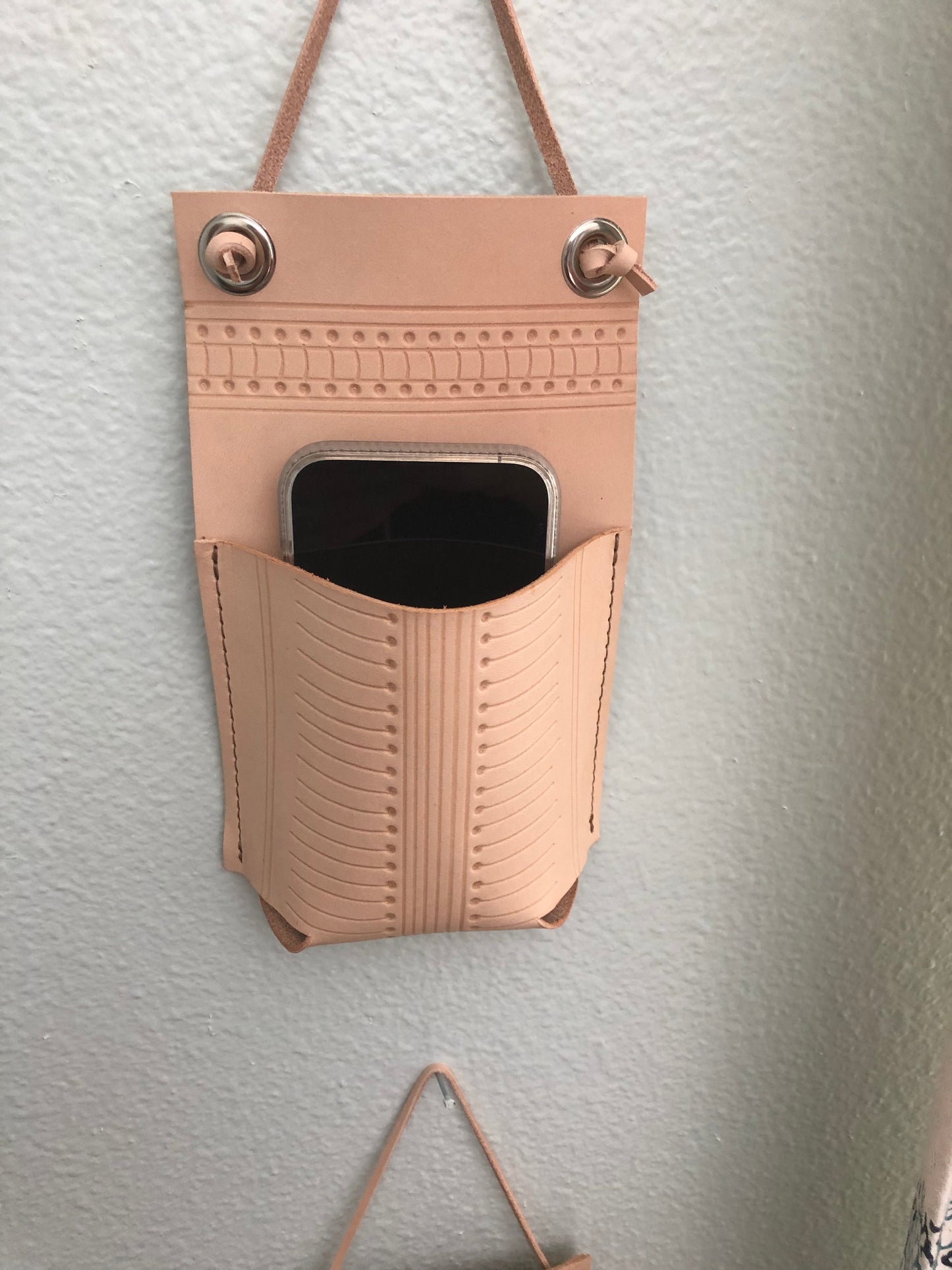 Patterned Leather Wall Pocket | Hanging Leather Wall Caddy | Hanging Storage