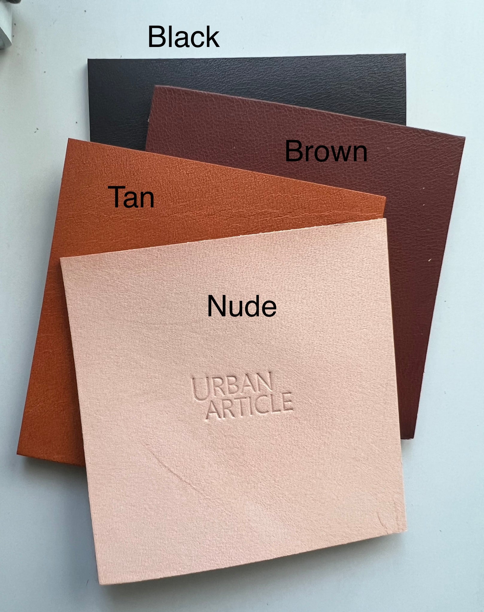 Color swatches show black, brown, tan, and nude leather options.